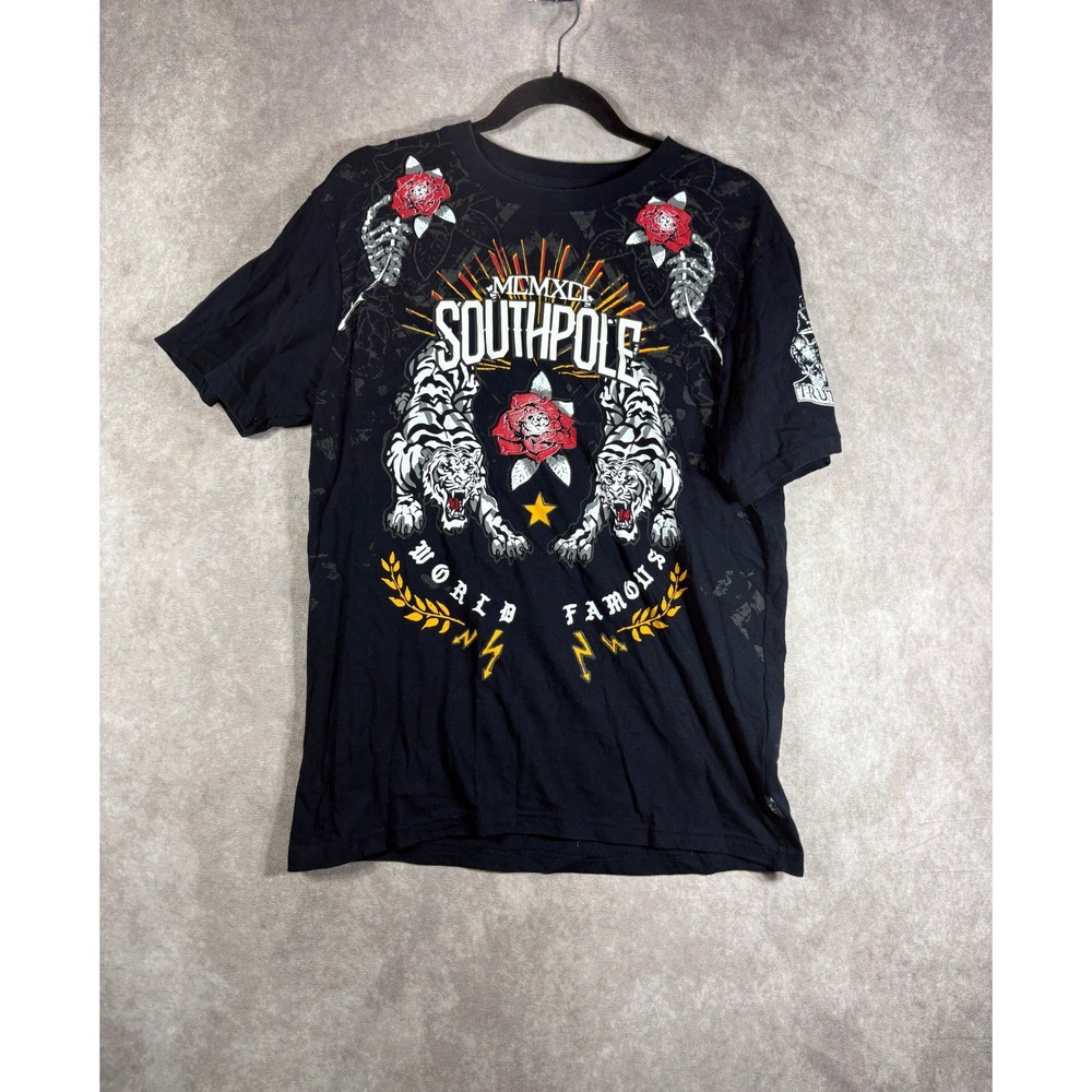Southpole Graphic Tee Mens Small Black World Famous Tiger Rose Skull Streetwear